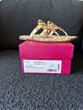 Tory Burch Pink, Gold & Cream Geo Print Leather Slide Sandals